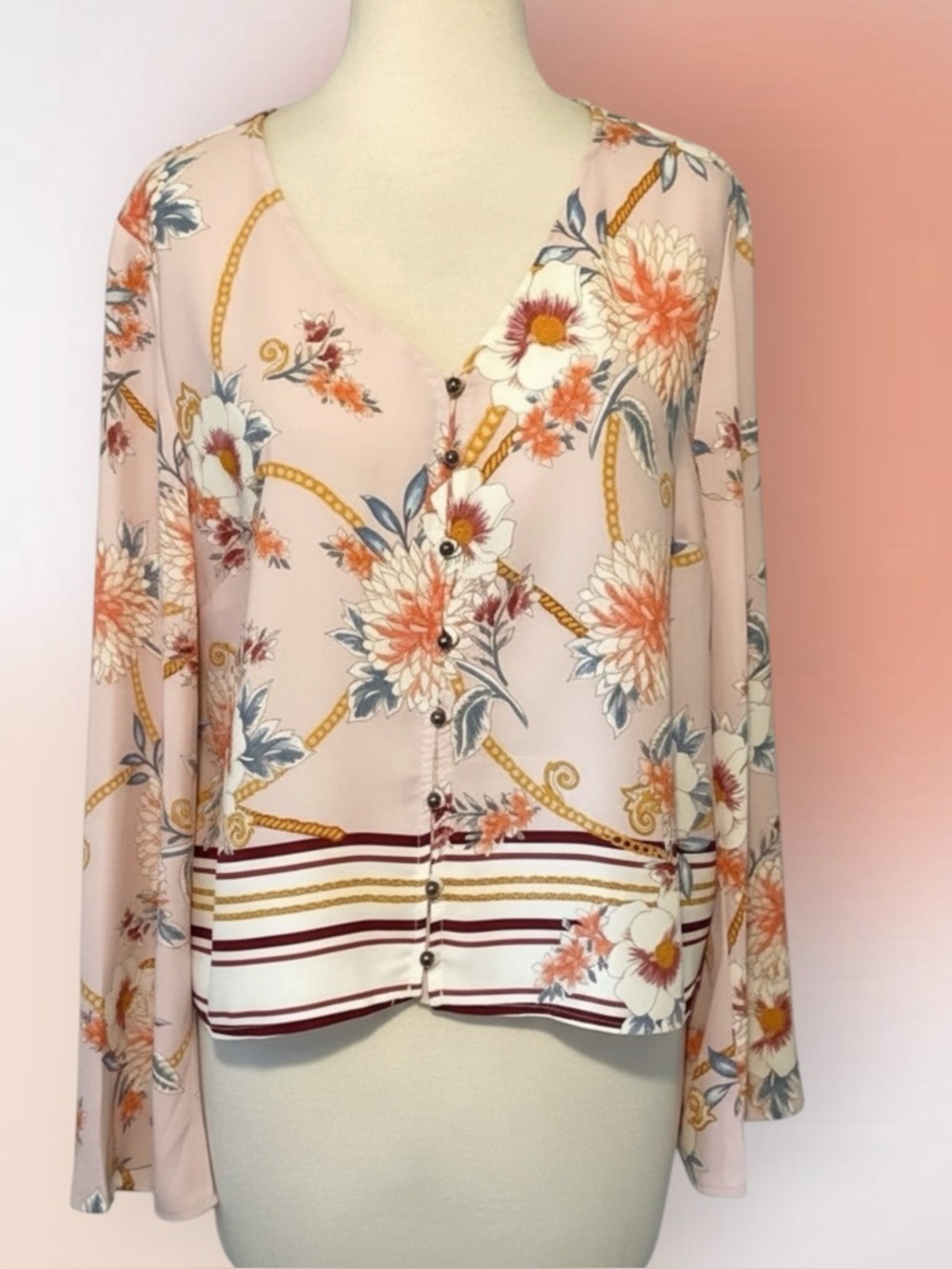 Urban Romantics Soft Pink Floral Button Up V Neck Blouse Size L